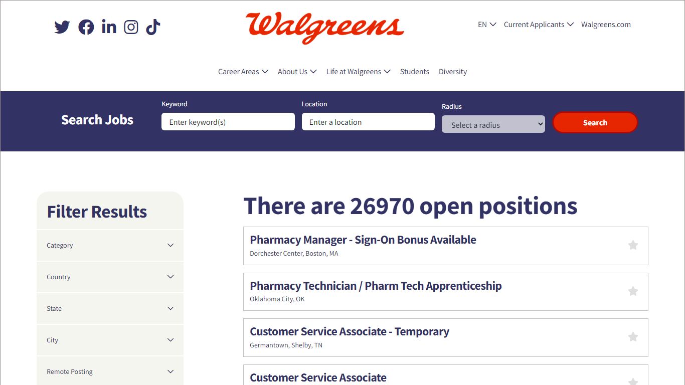 Search our Job Opportunities at WALGREENS