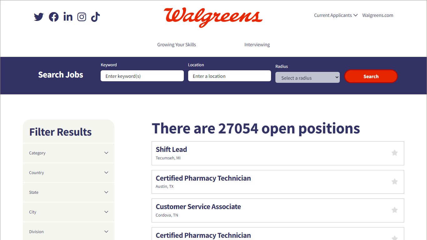 Search our Job Opportunities at WALGREENS